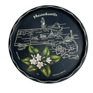 Vintage Massachusetts Souvenir Round Metal Serving Tray 11 Inch Mid Century